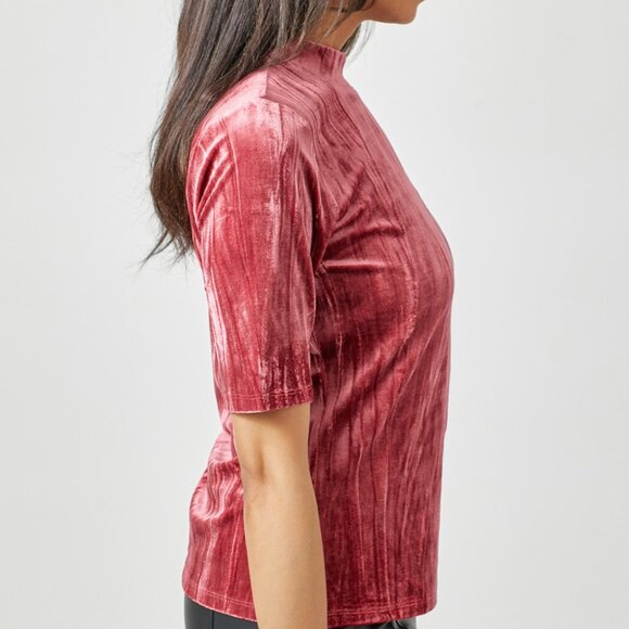 MYSTREE Velvet Mock Neck Short Sleeve Top, Dusty Rose Red, Soft Luxe Stretch - Picture 3 of 7